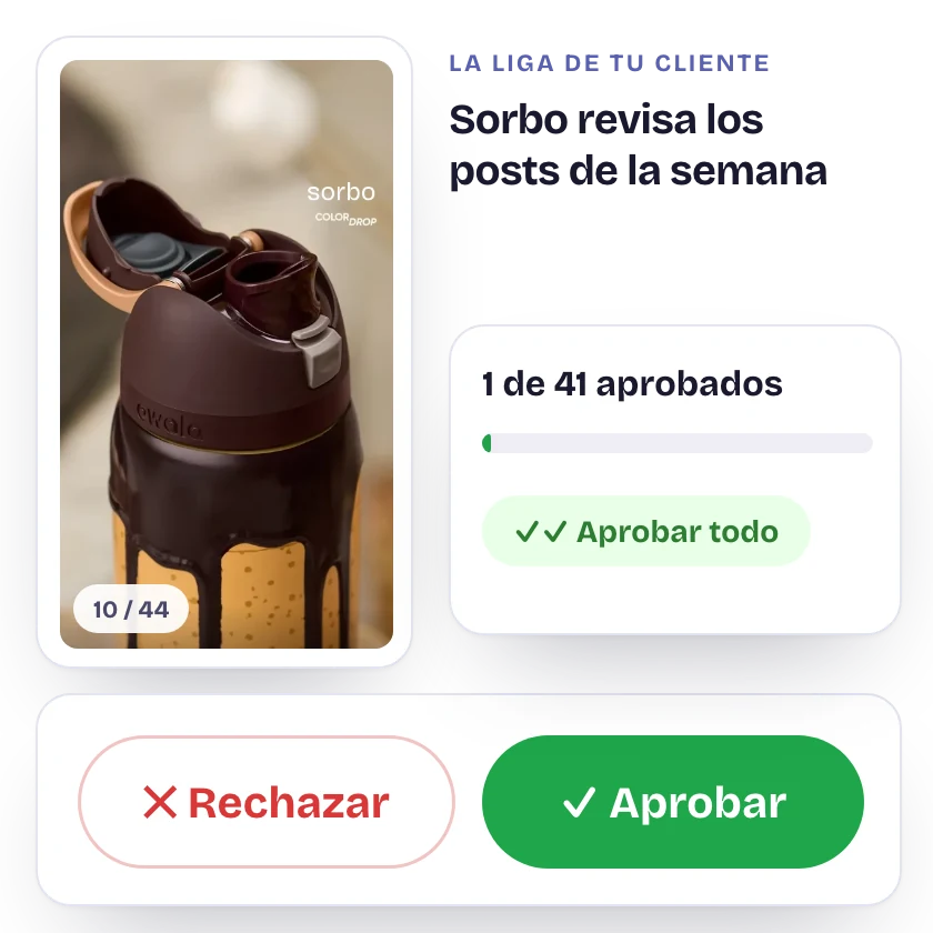 En su liga, tu cliente aprueba un post, pasa al siguiente y lo aprueba; al final le da Aprobar todo: 41 de 41 aprobados