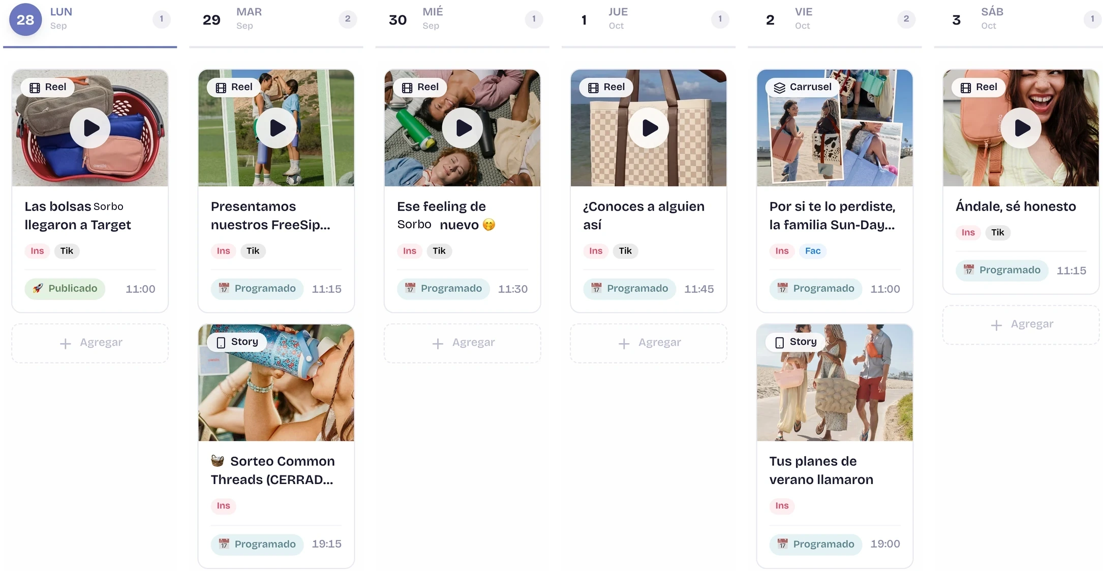 La semana de tu cliente en el calendario de Henry: reels, carruseles y stories con su foto, su red y su hora