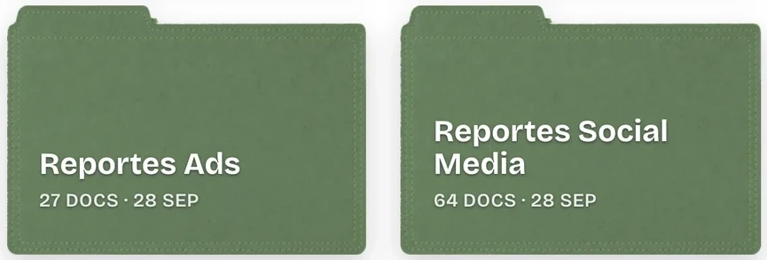 Dos carpetas de tu cliente en el Content Manager: Reportes Ads con 27 documentos y Reportes Social Media con 64