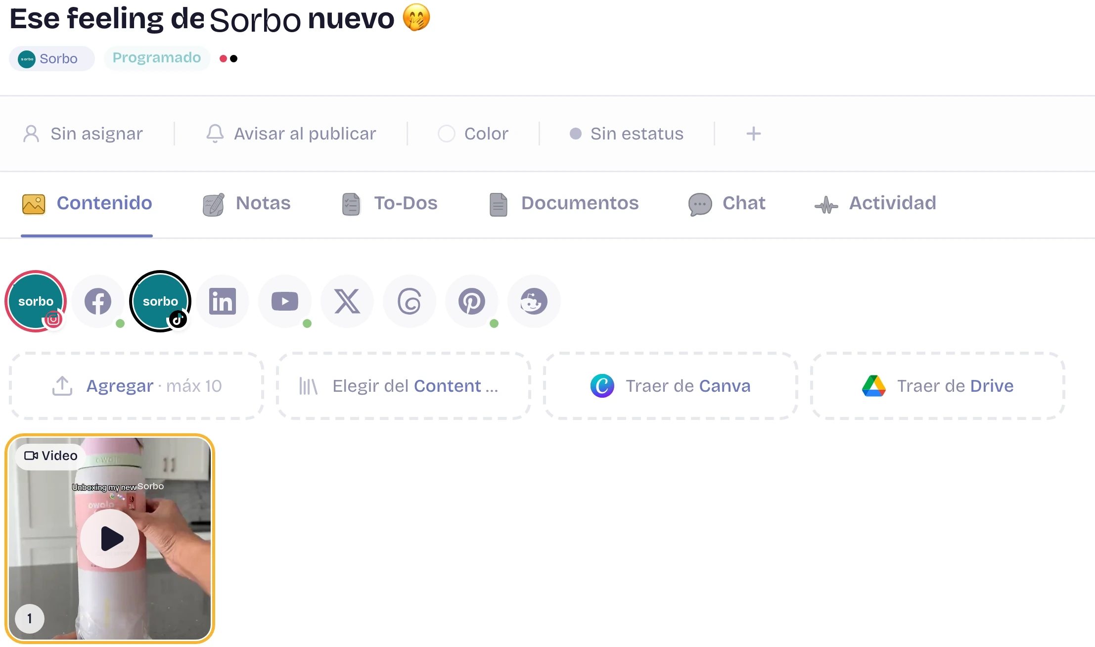El editor de un post en Henry: las redes, el video y los botones Traer de Canva y Traer de Drive