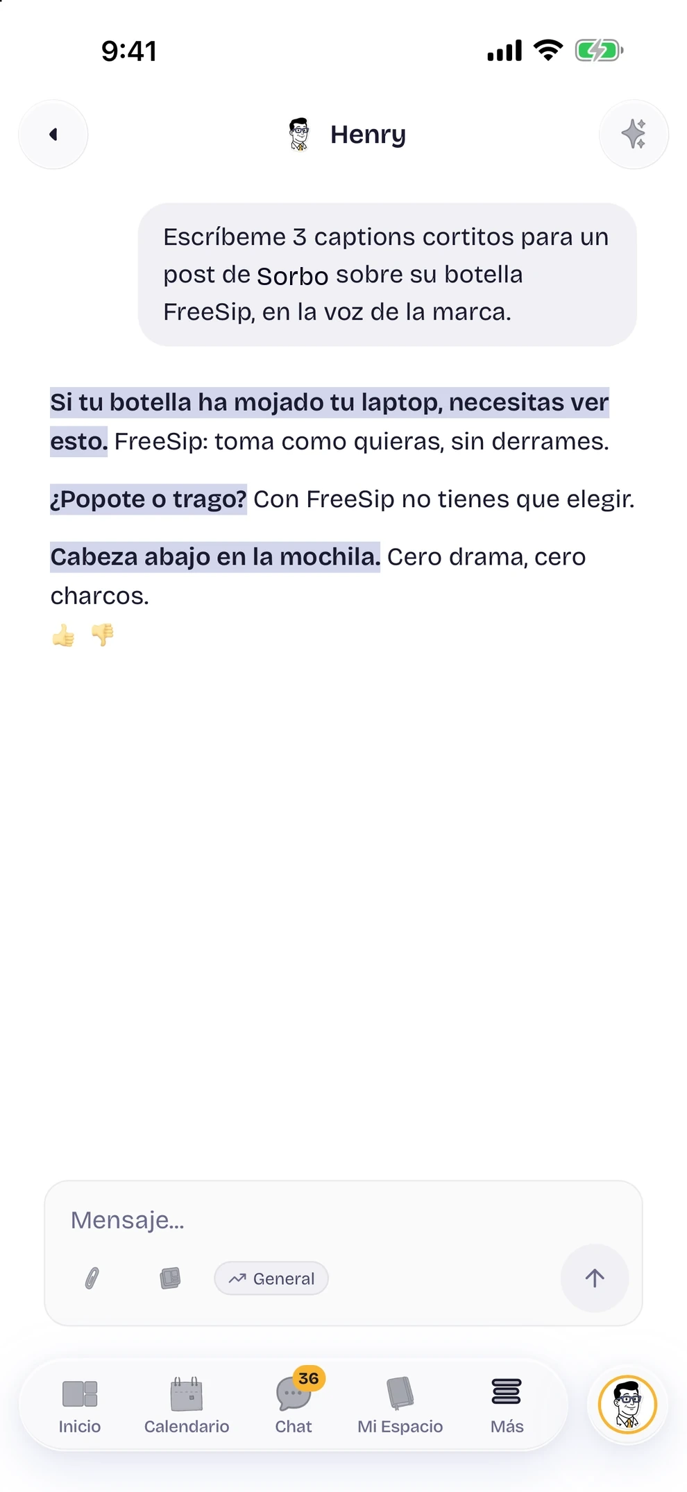 Henry escribiendo captions en la voz de la marca, en la app para iPhone
