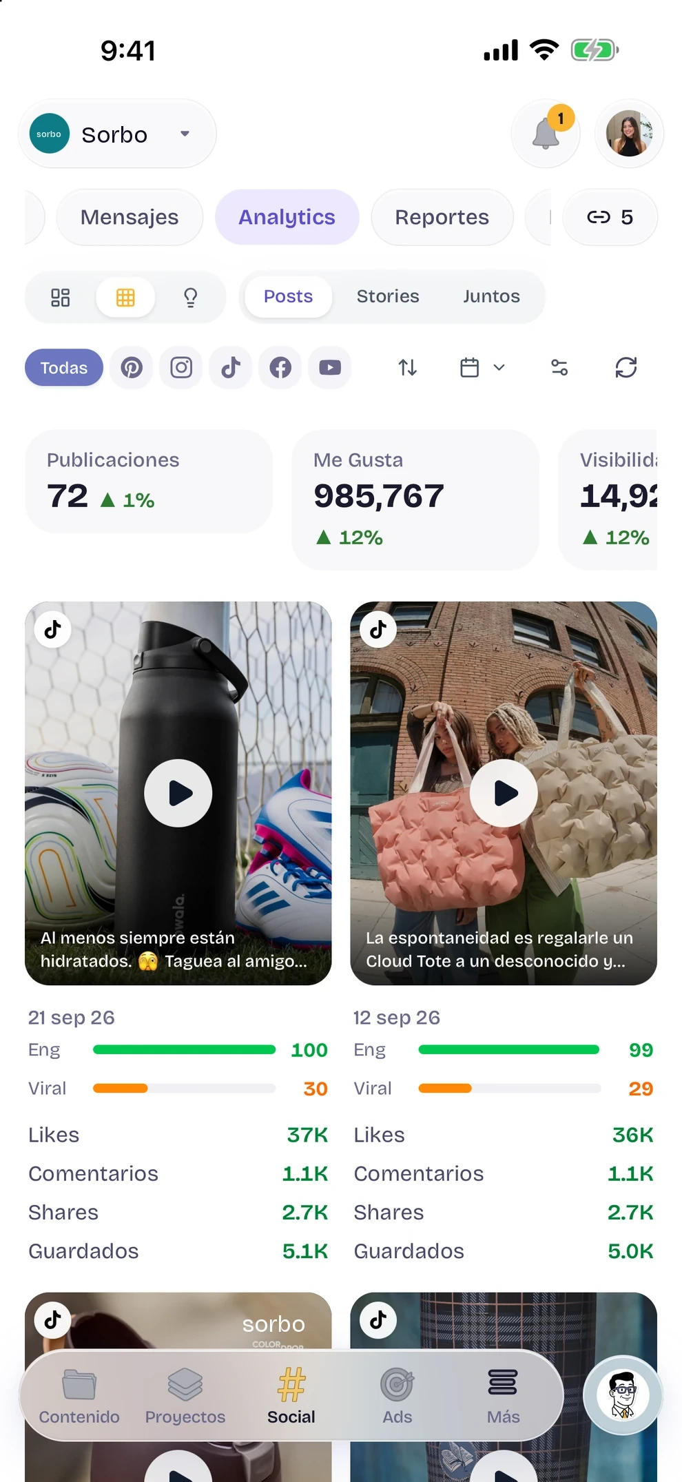 Cómo le fue a cada post, en la app de Henry para iPhone